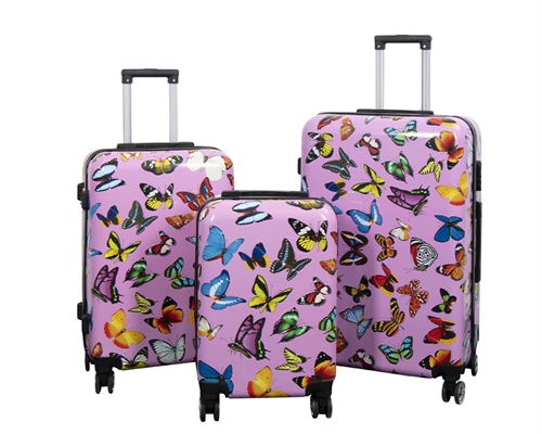 Billede af Kuffertsæt - 3 Stk. - Kuffert med motiv - Pink med sommerfugle print- Hardcase letvægt kuffert med 4 hjul