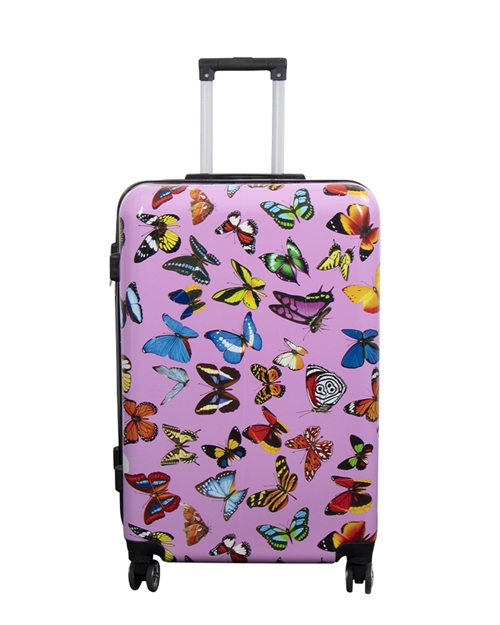 Billede af Stor kuffert - Hardcase kuffert med motiv - Pink med sommerfugle print - Eksklusiv letvægt kuffert