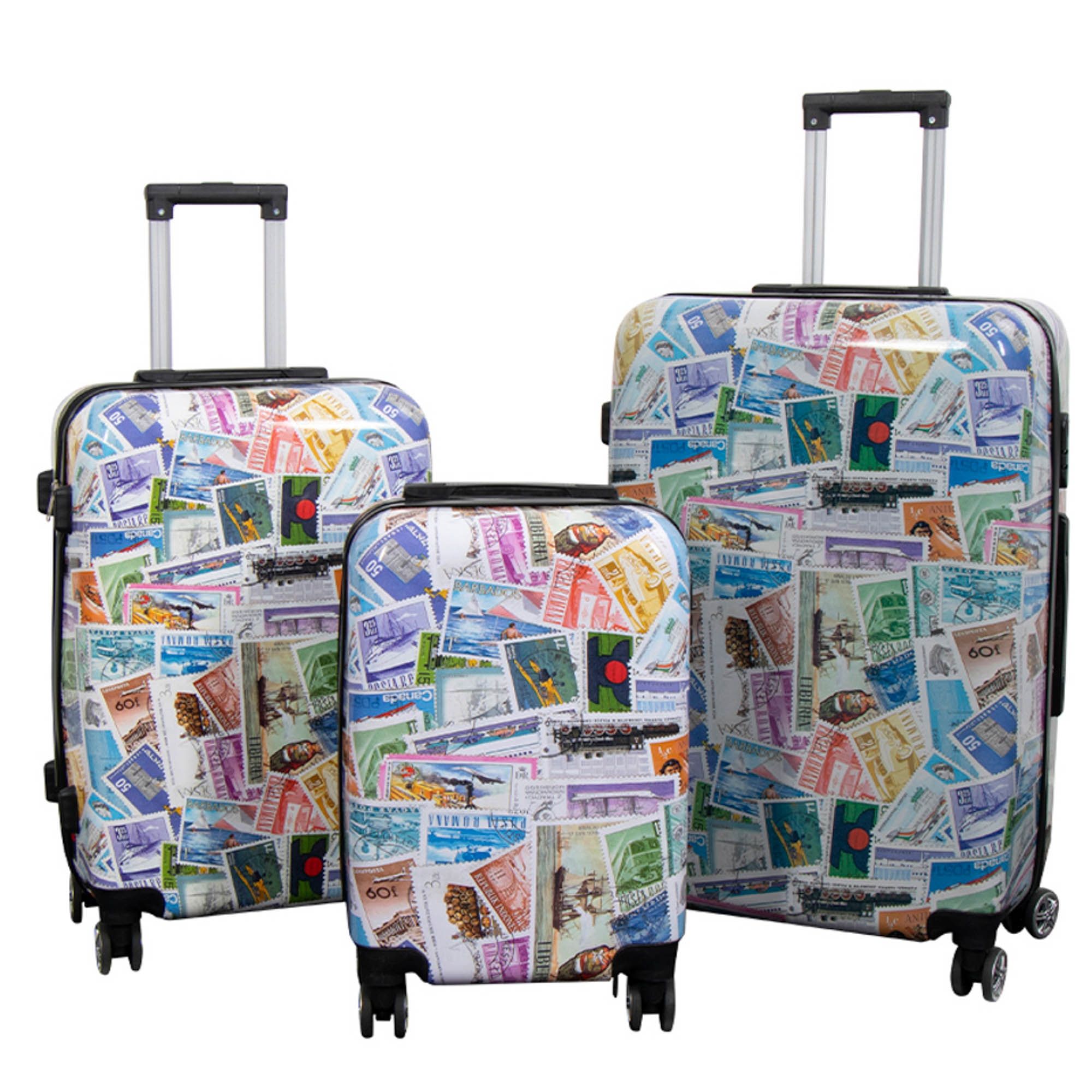 Kuffertsæt - 3 stk. - Kuffert med motiv - Frimærker - Hardcase letvægt kuffert