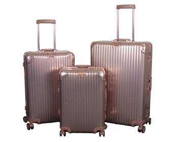 Se Aluminiums kufferter - 3 stk. Sæt - Luksuriøse rejsekufferter - Rosa-guld med TSA lås hos Dynezonen.dk