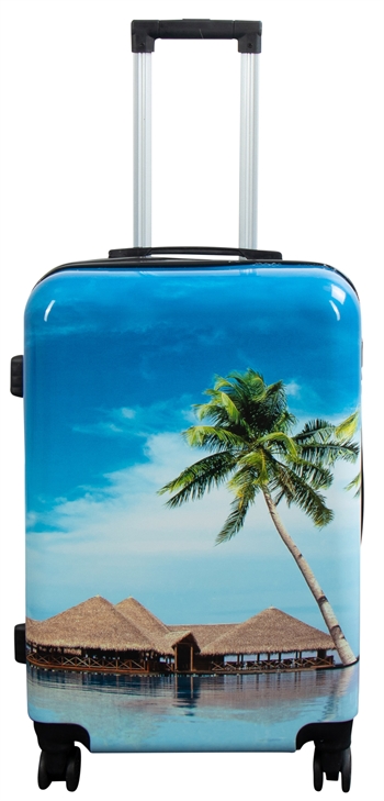 Kuffert - Hardcase kuffert - Str. Medium - Kuffert med motiv - Strand og palmer - Eksklusiv letvægt rejsekuffert