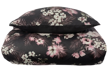 #1 - Sengetøj dobbeltdyne - 200x200 cm - Flowers & Dots grå - Vendbart dobbelt dynebetræk - 100%  Bomuldssatin sengetøj
