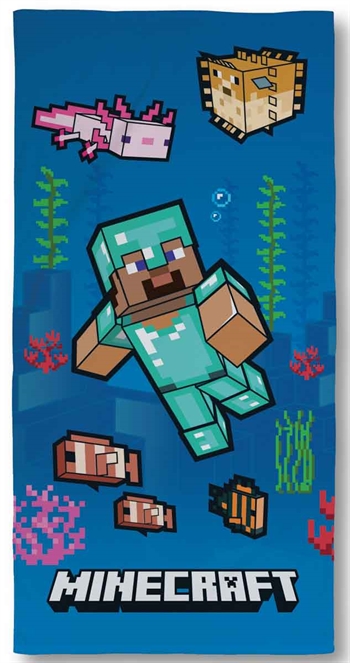 1: Minecraft badehåndklæde - 70x140 cm - Blå børnehåndklæde med Minecraft figurer - 100% Bomuld