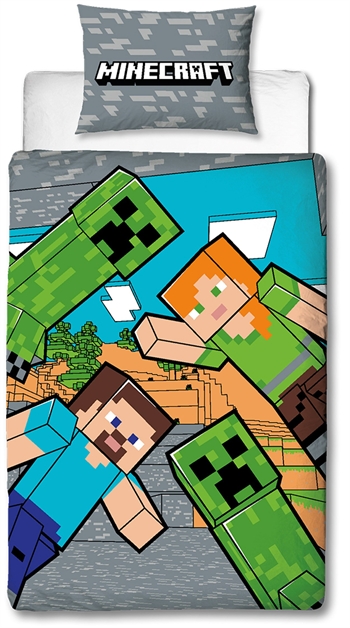 Se Minecraft sengetøj - 140x200 cm - Creeper - Dynebetræk med 2 i 1 design - 100% bomulds sengetøj hos Dynezonen.dk