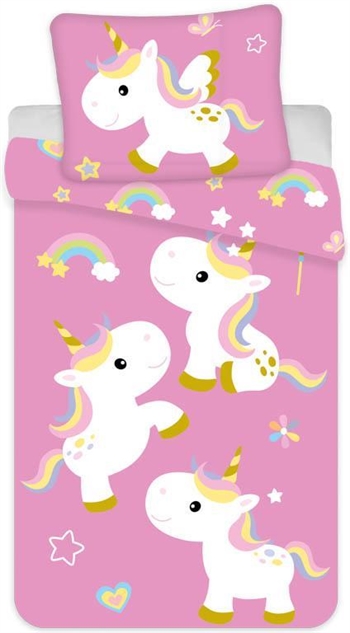 Enhjørning sengetøj - 150x210 cm - Unicorn børnesengetøj - 2 i 1 design - Sengesæt i 100% bomuld