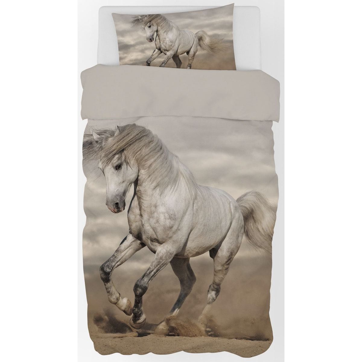 Licens Sengetøj - Stor hvid hest - 150x210 cm - Grå