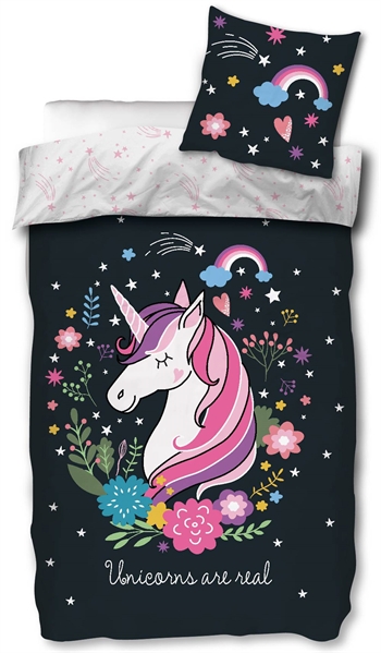 Se Unircorn sengetøj 100x140 cm - Sengesæt med unicorn - 2 i 1 design - 100% bomulds sengetøj - selvlysende hos Dynezonen.dk