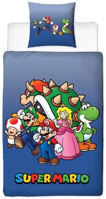 Super Mario sengetøj - 150x210 cm - The team - Dynebetræk med 2 i 1 design - 100% bomuld