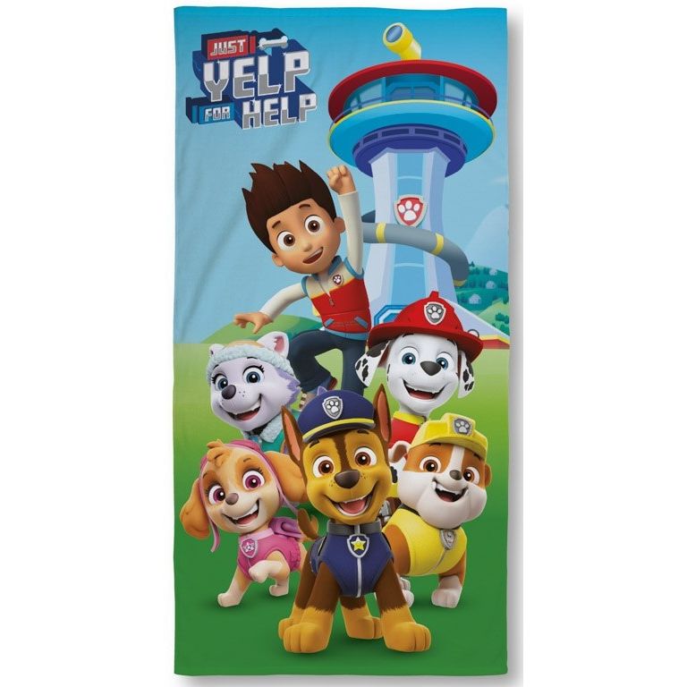 Paw Patrol håndklæde - 70x140 cm - 100% Bomuld - Blødt badehåndklæde med Paw Patrol udkigstårn og teamet