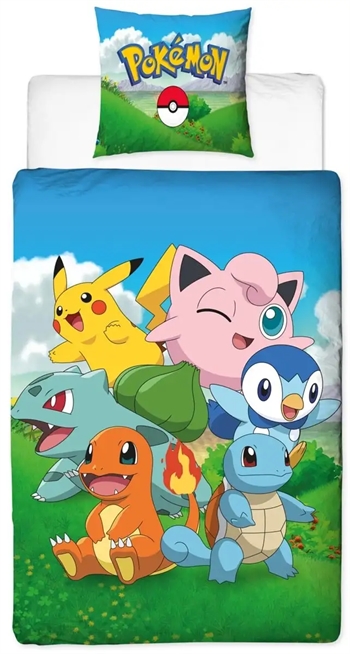 Pokemon sengetøj - 140x200 cm - Pikachu og Squirtle - 2 i 1 sengesæt - Dynebetræk i 100% bomuld