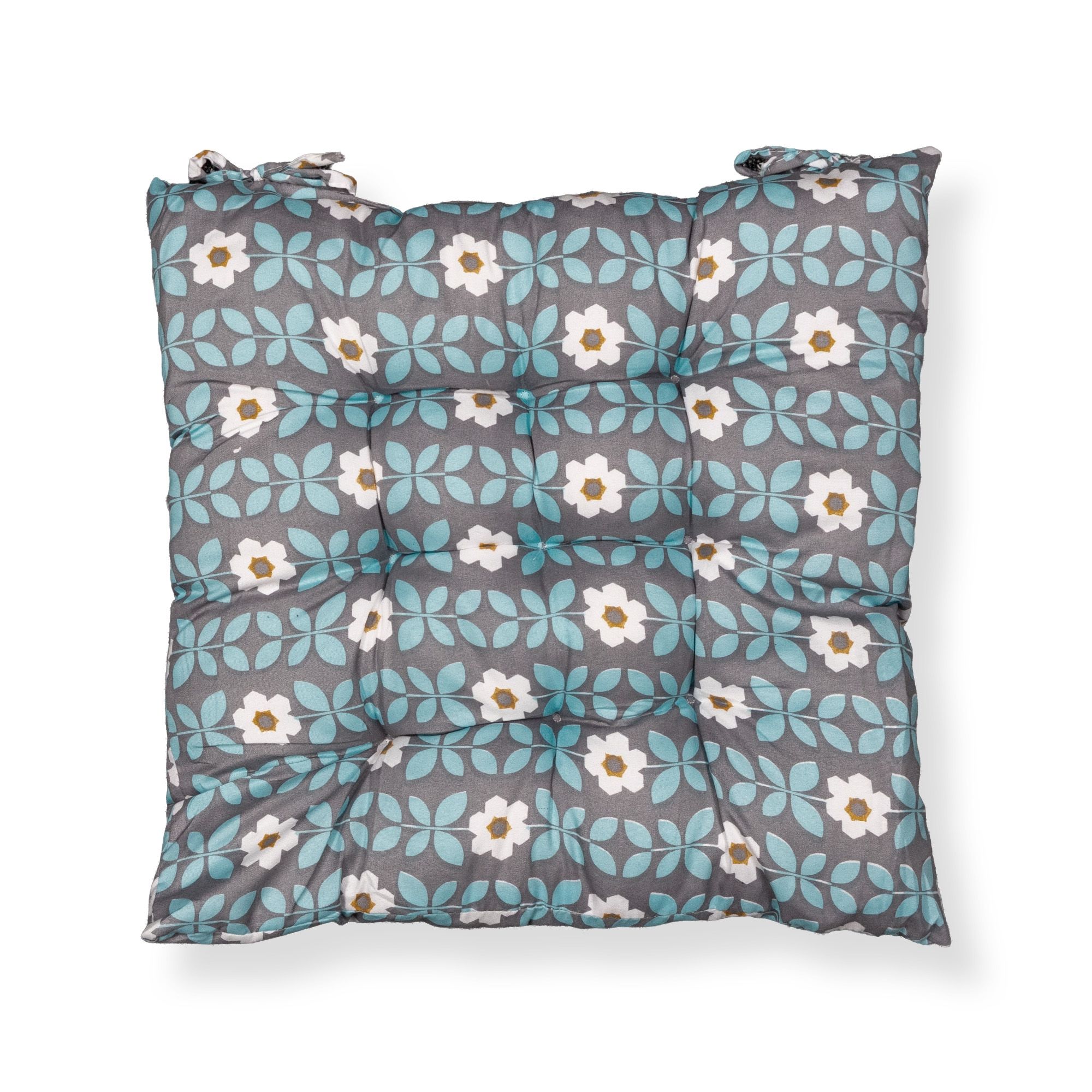 Stolehynde - 35x35x6 cm - Grå havehynde med blå og hvide blomster - Blød komfort hynde