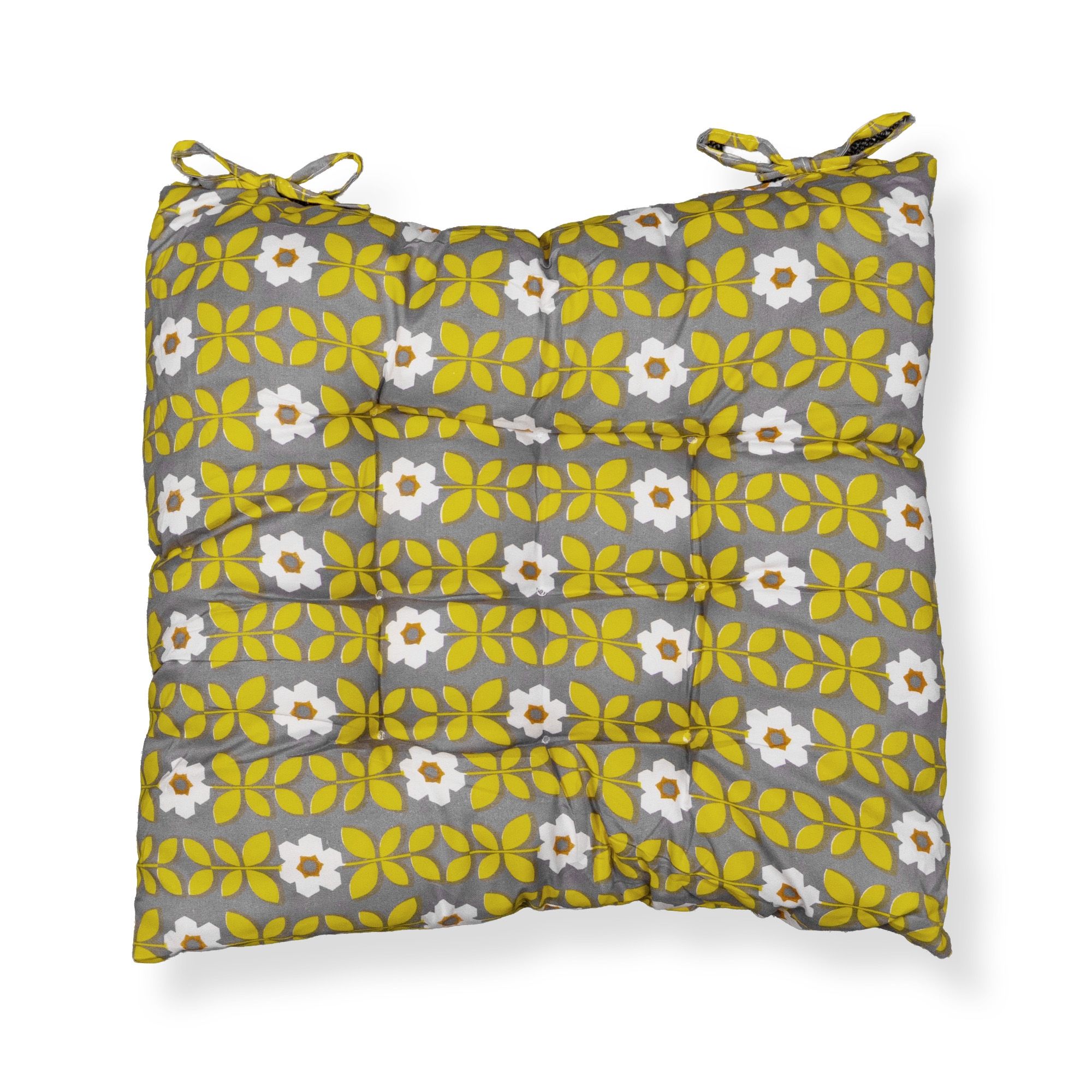 Stolehynde - 35x35x6 cm - Grå havehynde med gule og hvide blomster - Blød komfort hynde