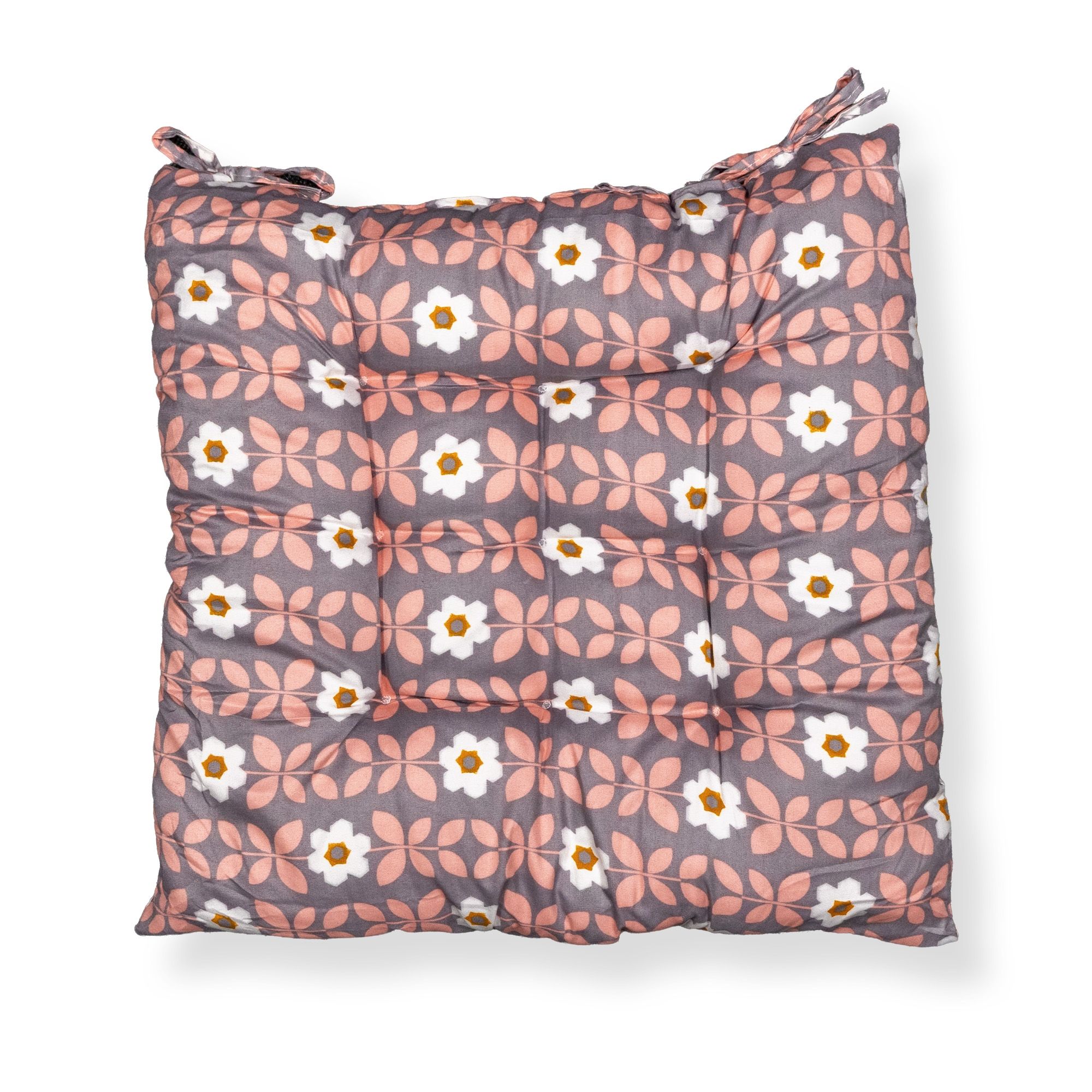 Stolehynde - 35x35x6 cm - Grå havehynde med rosa og hvide blomster - Blød komfort hynde