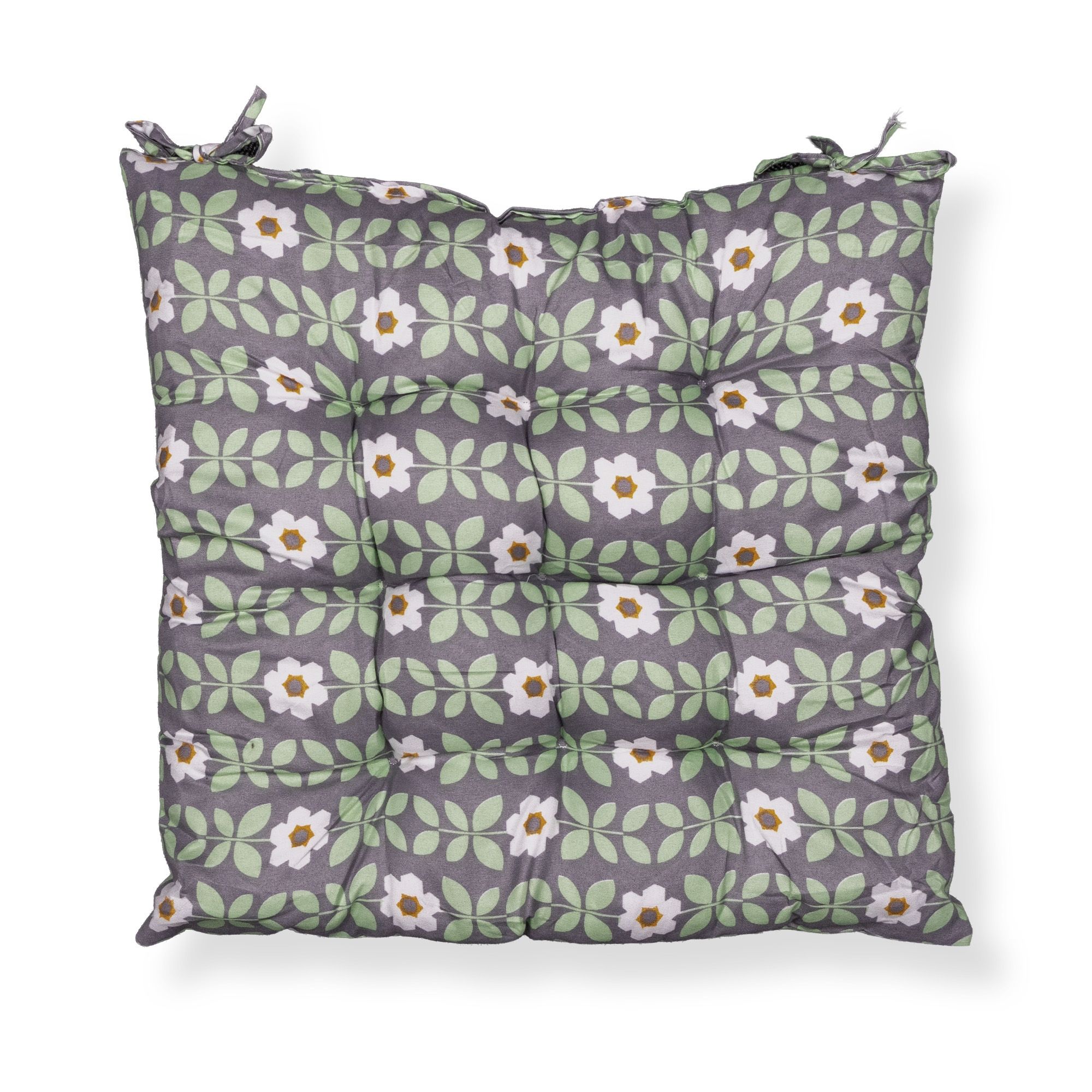 Stolehynde - 35x35x6 cm - Grå havehynde med grønne og hvide blomster - Blød komfort hynde