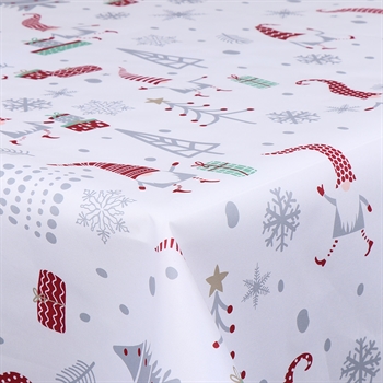 Tekstil voksdug - Rulle med 30 meter - Nisser, juletræer og gaver - 140 cm bred