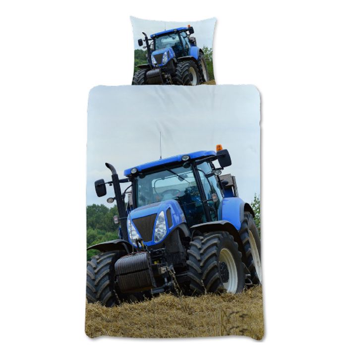 Traktor sengetøj 140x200 cm - Vendbar sengesæt med blå traktor - 100% bomuld - Flot børnesengetøj