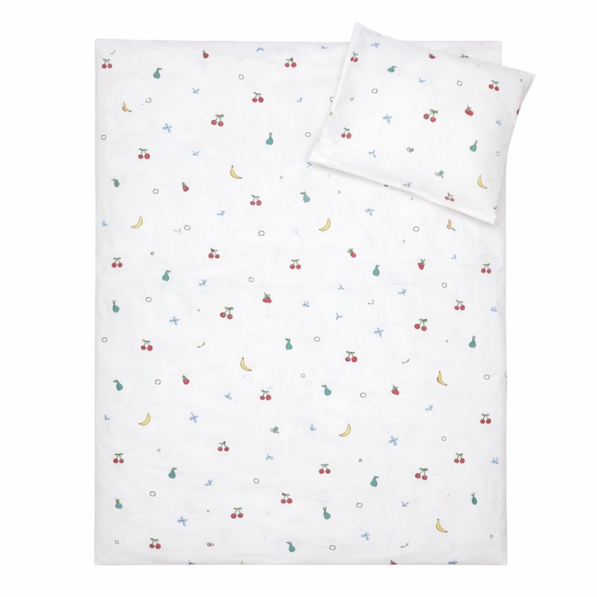 Frugt sengetøj - 100% bomuld - Babysengetøj 70x100 cm - Råhvidt med små frugter