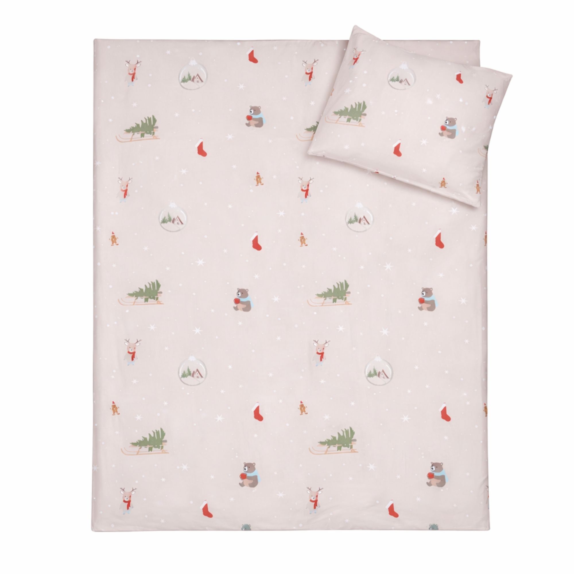 Julesengetøj - 100% bomuld - Babysengetøj 70x100 cm - Beige med juleikoner