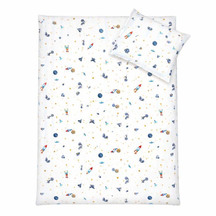 Baby sengetøj 70x100 cm -  Hvidt stribet sengesæt med dinosaurer og rumraketter - 100% blødt bomulds sengelinned