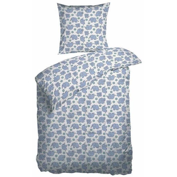 Billede af Blåt junior sengetøj 100x140 cm - Sengesæt lyseblå med elefanter - 100% bomulds percale - Night & Day