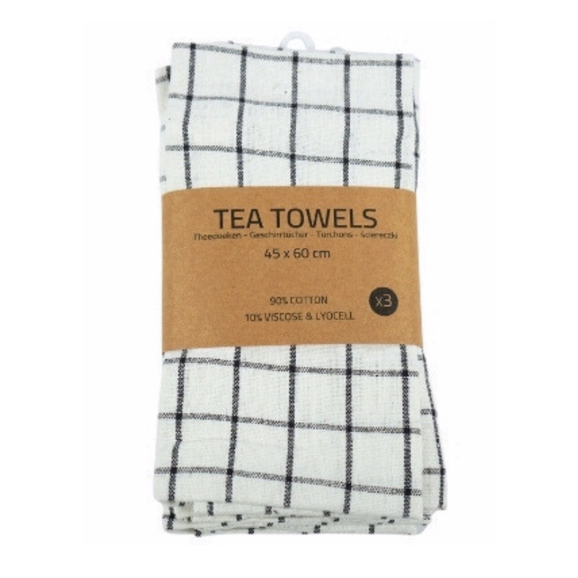 Viskestykker - 3-pak - Bomuld - 45x60 cm - Hvid med store sorte tern