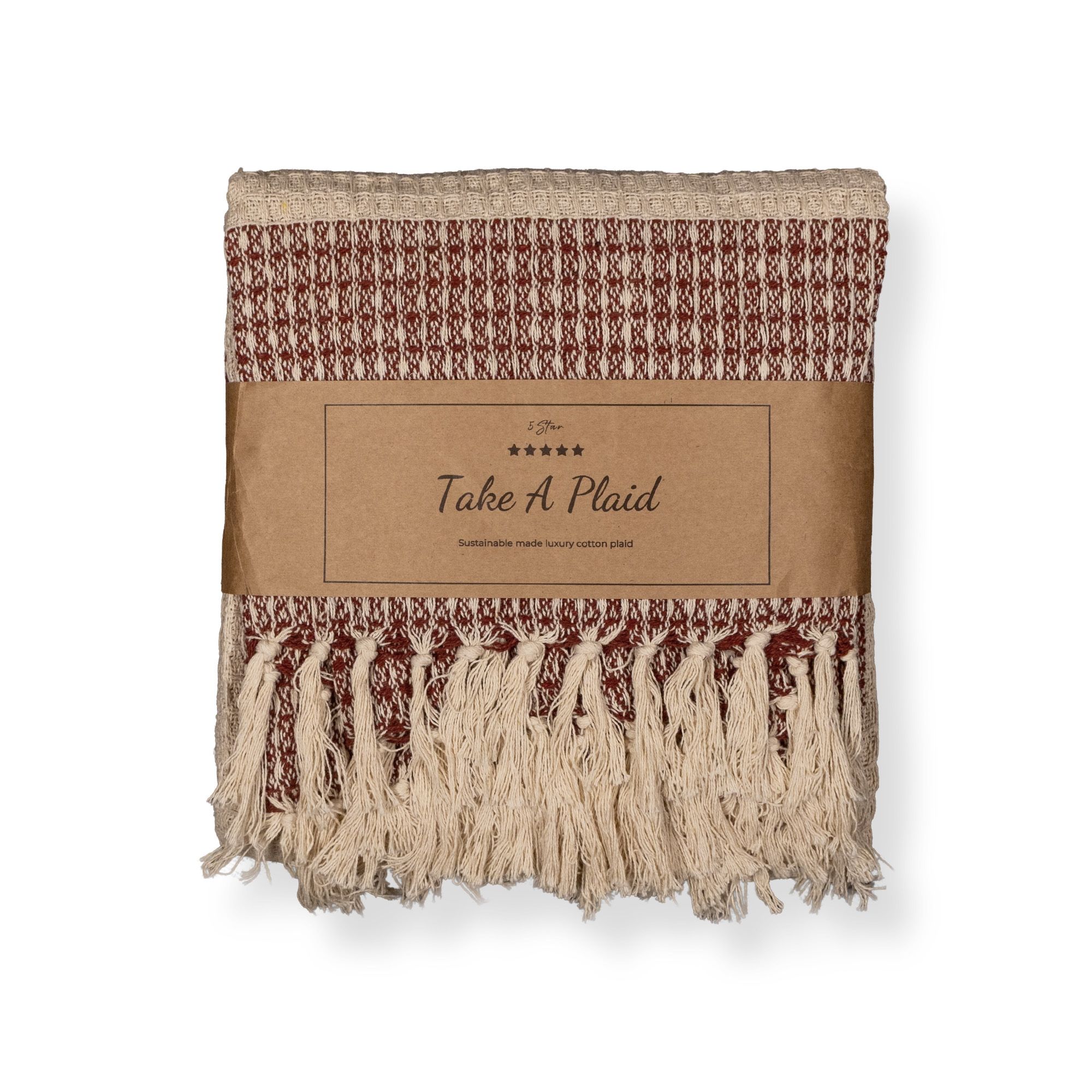 Bomulds plaid - 100% recycled bomuld - 180x240 cm - Hvid med rødt mønster