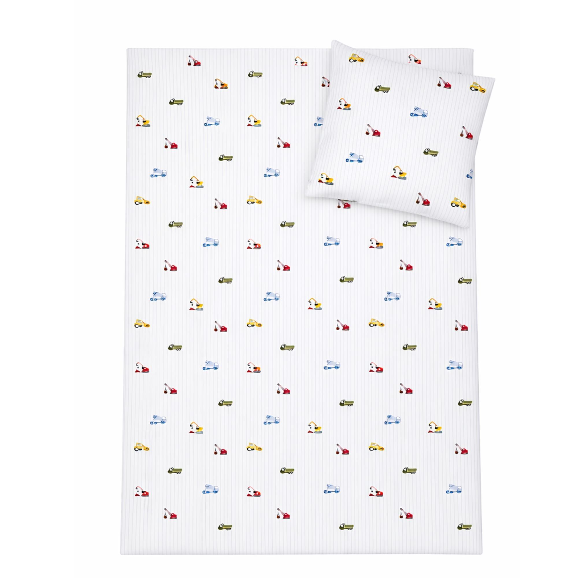 Stribet arbejdsmaskine sengetøj - 100% bomuld - Junior sengetøj 100x140 cm - Hvid med blå striber og arbejdsmaskiner