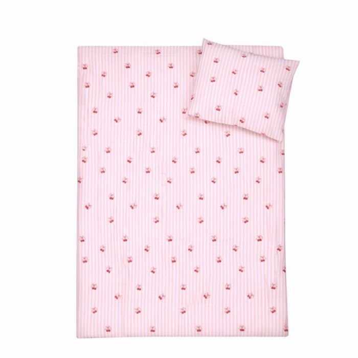 Kirsebær sengetøj - 100% bomuld - Babysengetøj 70x100 cm - Stribet lyserød med kirsebær og sløjfer