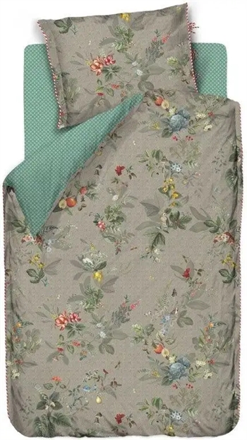 Se Pip Studio sengetøj - 140x220 cm - Leaf khaki grøn - Blomstret sengetøj - Vendbar dynebetræk i 100% bomuld hos Dynezonen.dk