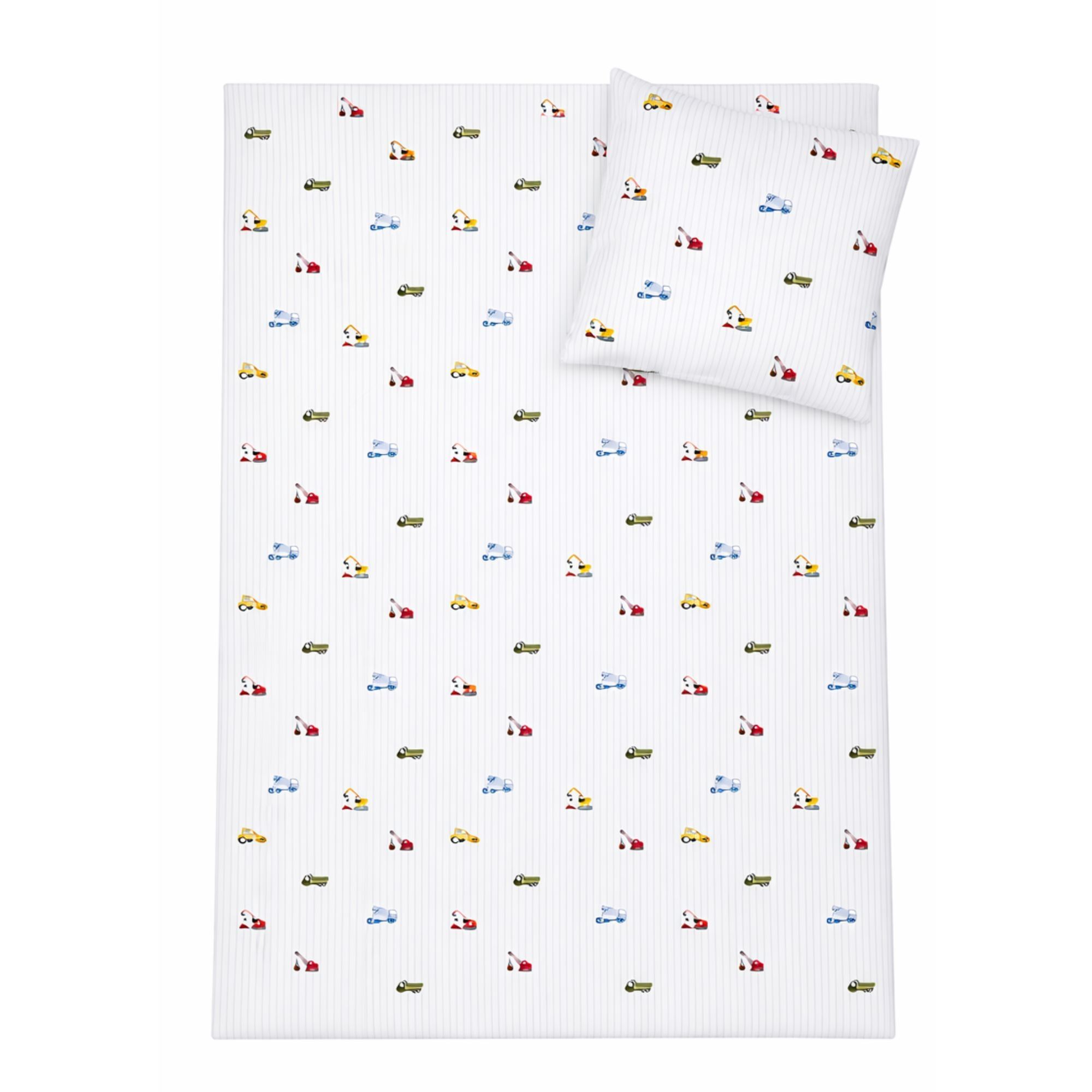 Stribet arbejdsmaskine sengetøj - 100% bomuld - Babysengetøj 70x100 cm - Hvid med blå striber og arbejdsmaskiner